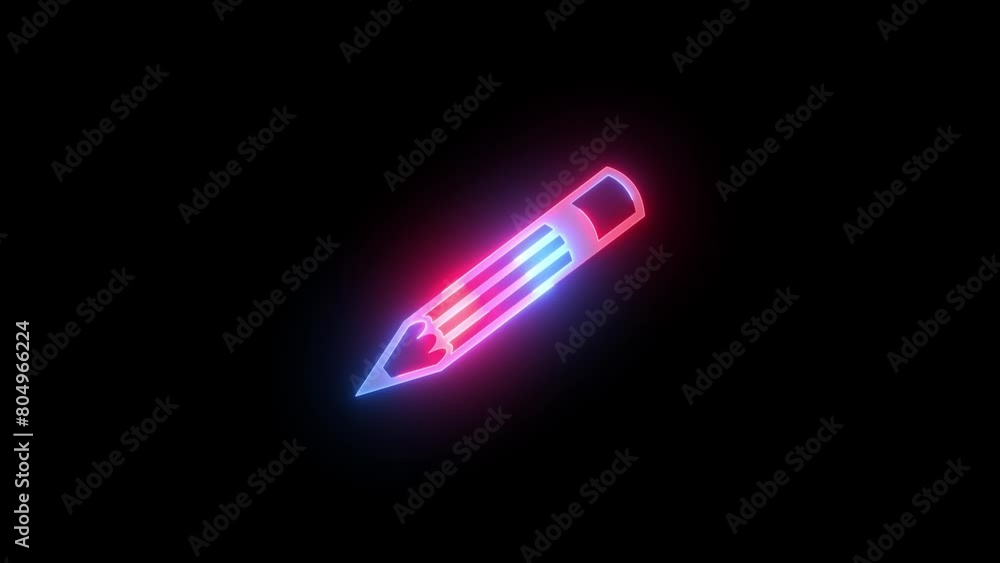 Neon pencil icon blue red color glowing animated black background Neon pencil icon blue red color glowing animated black background