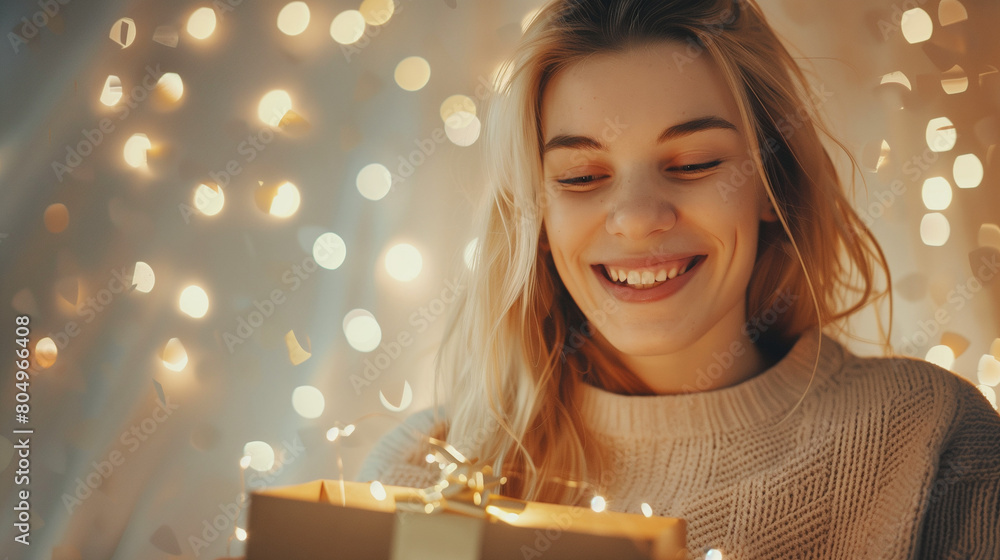 A blonde woman is depicted smiling while gracefully opening an elegant gift box. The scene is illuminated by lights that create a magical atmosphere, reminiscent of bokeh photography. A blonde woman is depicted smiling while gracefully opening an elegant gift box. The scene is illuminated by lights that create a magical atmosphere, reminiscent of bokeh photography.