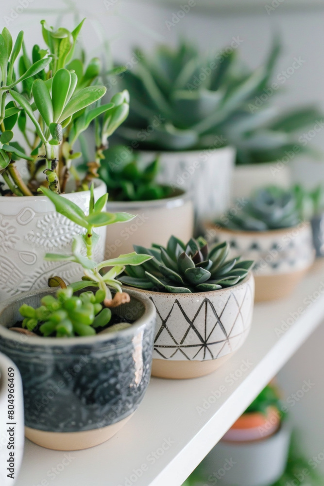 A series of minimalist ceramic plant pots with geometric patterns, arranged in a row on a white shelf, showcasing their modern aesthetic. A series of minimalist ceramic plant pots with geometric patterns, arranged in a row on a white shelf, showcasing their modern aesthetic.