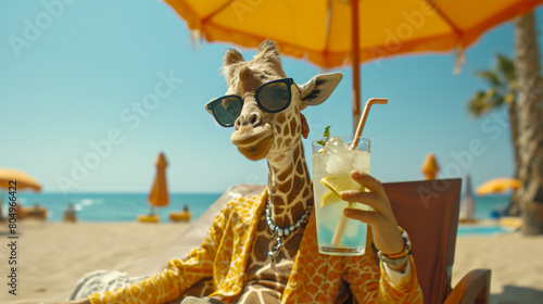 A giraffe in human clothes lies on a sunbathe on the beach, on a sun lounger, under a bright sun umbrella © Dmitriy