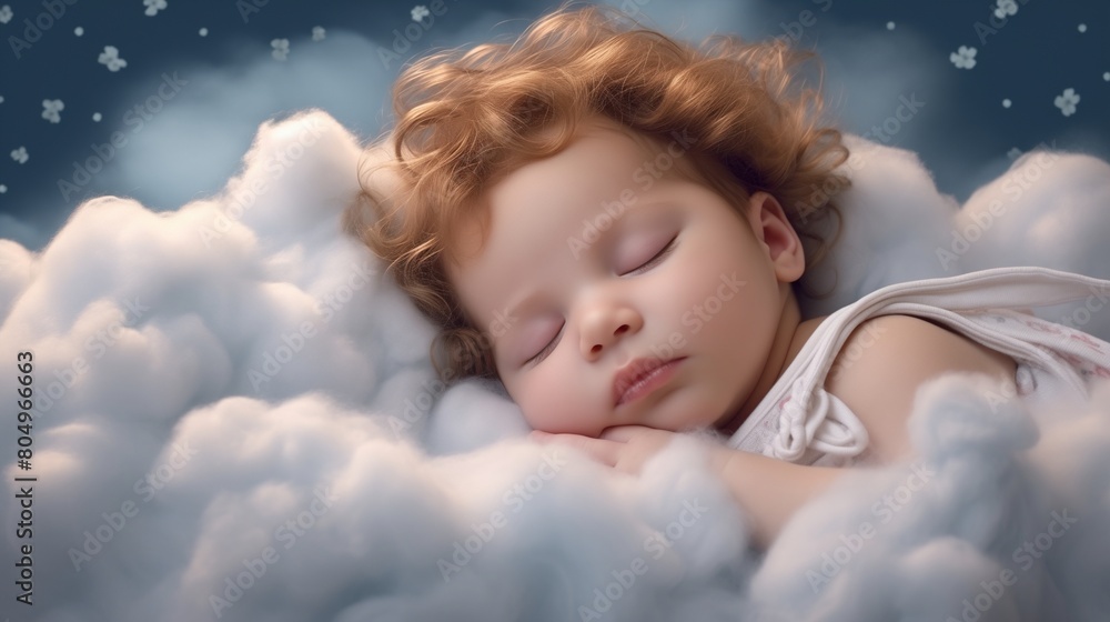 Cute baby peacefully asleep amidst billowing clouds, a picture-perfect scene of blissful innocence.