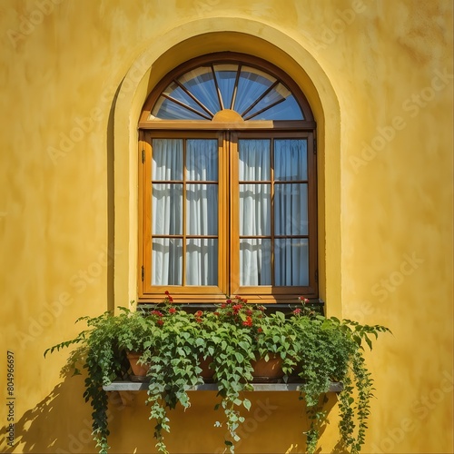 Wooden window with a flowerpot with plants 