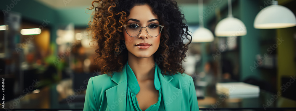 Fototapeta premium beautiful elegant girl real estate agent broker stand desk ready work meeting office wear green jacket blazer