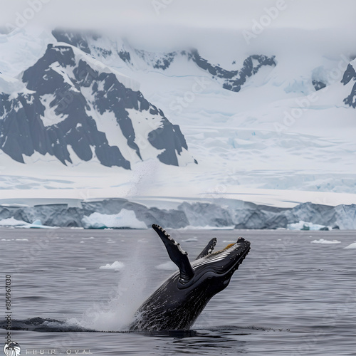 Majestic humpback whale breaches with an icy antarctic mountain range in the background
