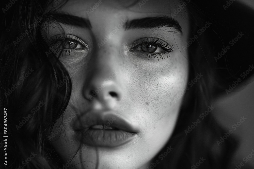 Black and white portrait with intense gaze
Black and white portrait with intense gaze