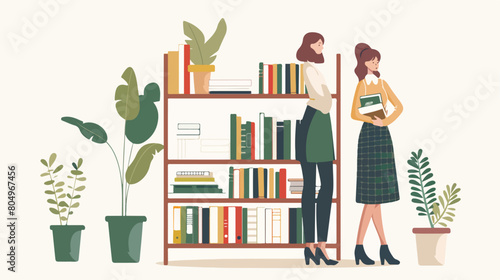 Woman standing with bookshelf of wooden and books vector