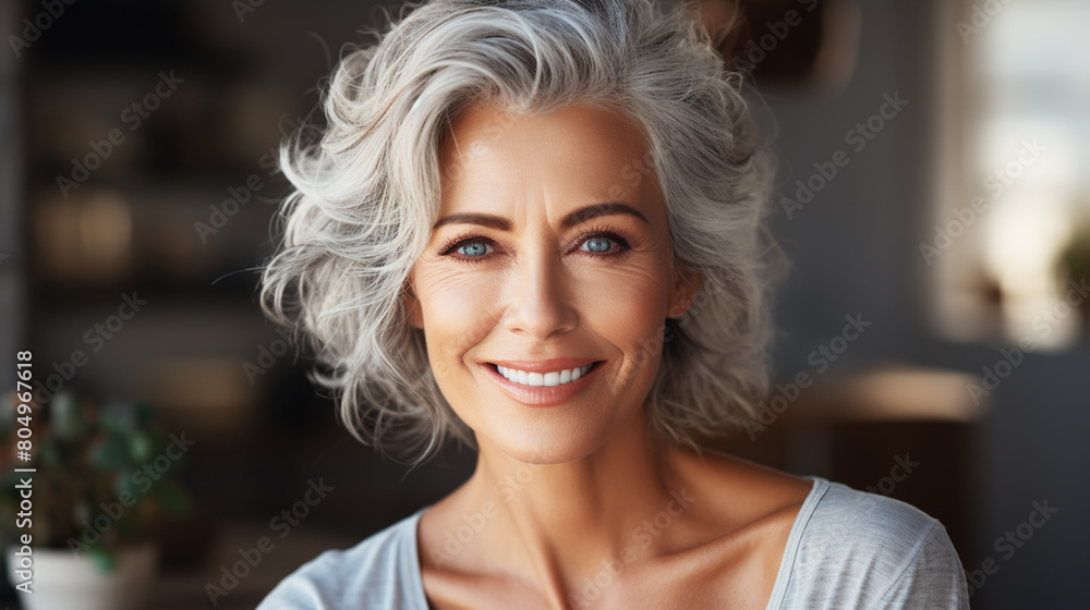 Smiling confident stylish mature middle aged woman standing at home office. portrait. Smiling confident stylish mature middle aged woman standing at home office. portrait.
