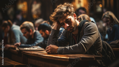 Education And Learning Concept. Portrait of tired and bored student sitting at desk