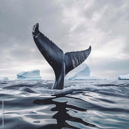 Whale's tail flukes rise elegantly above serene, icy waters, hinting at the giant beneath