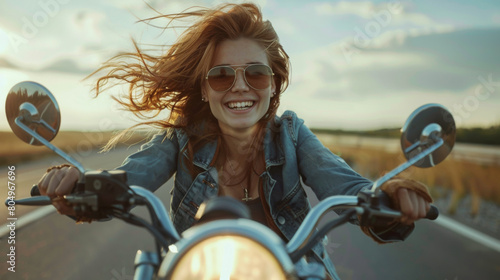 Joyful young woman with red hair riding a motorcycle on a rural highway during sunset, feeling free. © khonkangrua
