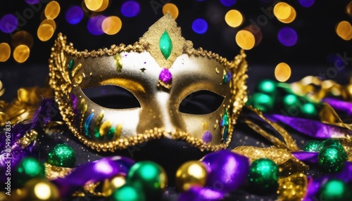 'Gold Mardi Lights Feathers. Gras Streamers confetti Black Background Shiny Glitter Foil Mask Bokeh jester glistering shine tradition joker actor italy template colourful'