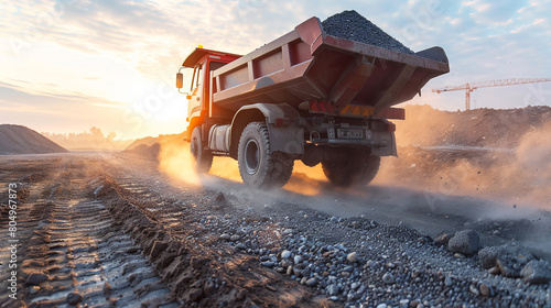 dump truck hauling gravel at road construction site with its bed loaded with aggregates and dust billowing from its rear wheels as it transports materials to be used in paving and surfacing roadways photo