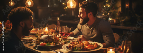 Happy homosexual interracial couple having date at restaurant