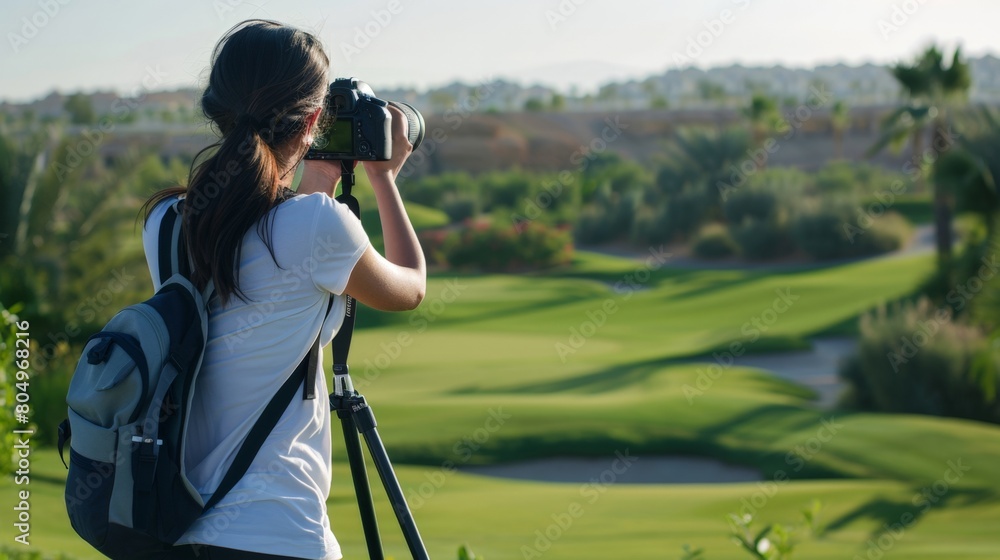 Female Photographer Capturing Serene Golf Course Landscape at Sunset. Horizontal banner with copy space