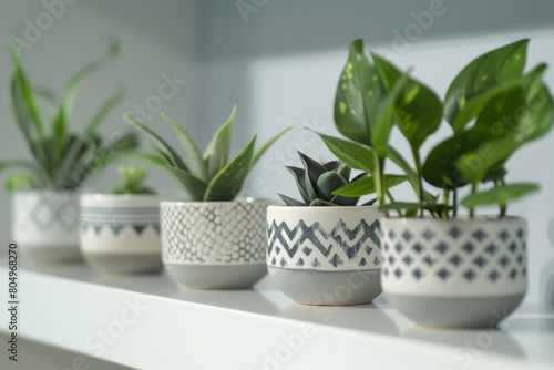 A series of minimalist ceramic plant pots with geometric patterns  arranged in a row on a white shelf  showcasing their modern aesthetic. 
