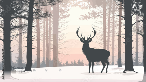 Horned deer standing in winter forest silhouette over © Mishab