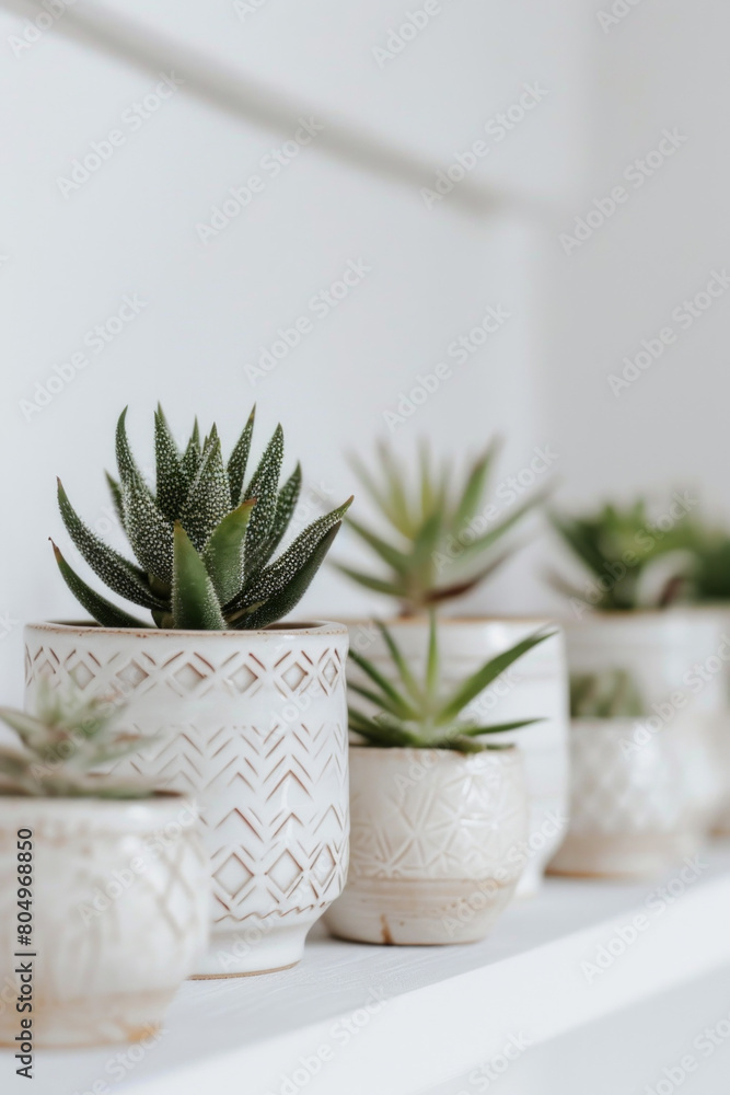 A series of minimalist ceramic plant pots with geometric patterns, arranged in a row on a white shelf, showcasing their modern aesthetic. A series of minimalist ceramic plant pots with geometric patterns, arranged in a row on a white shelf, showcasing their modern aesthetic.