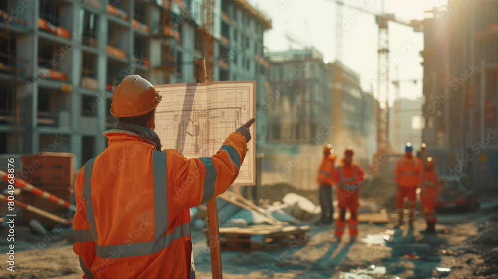Fototapeta premium Construction manager discussing blueprints with workers at a building site during the warm golden hour.