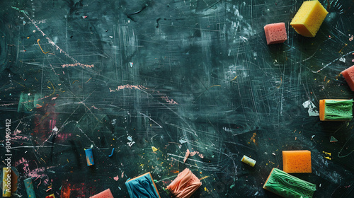 Sponge and pieces of chalk on blackboard top view