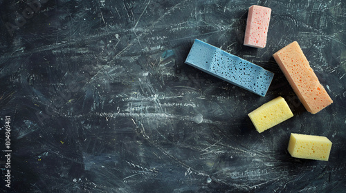Sponge and pieces of chalk on blackboard top view