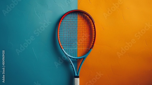 Vibrant Tennis Racket Against a Two-Tone Orange and Blue Background. Horizontal banner with copy space