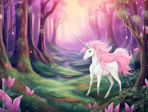 Design a scene of a mischievous unicorn exploring a hidden glen  its playful antics leading it deeper into the enchanted woods on its midjourney adventure