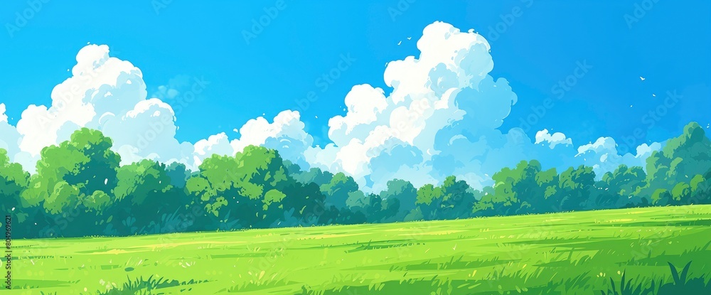Clouds hovering above the horizon, accentuating the grassy landscape and trees below