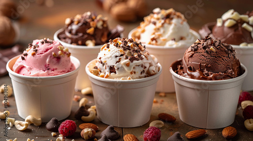 Ice Cream Assortment. Various colors ice creams scoops or gelato with nuts on brown wooden table. Frozen yogurt in small white paper cups - healthy summer dessert. horizontal background