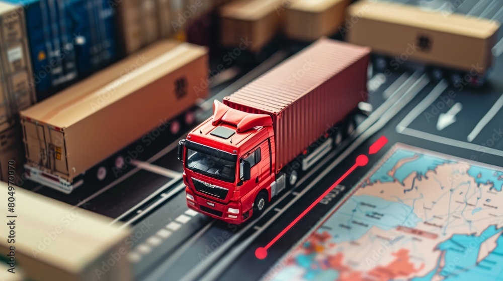 Distribution and delivery concept. GPS tracking from top view moving truck with container on a map. Business background. Distribution and delivery concept. GPS tracking from top view moving truck with container on a map. Business background.