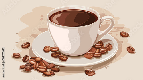 Image color with hot mug of coffee serving on dish an