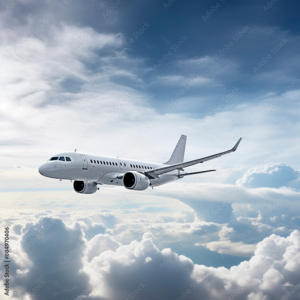 Jet aircraft soars in the blue sky with fluffy clouds below, concept of travel and transportation Jet aircraft soars in the blue sky with fluffy clouds below, concept of travel and transportation