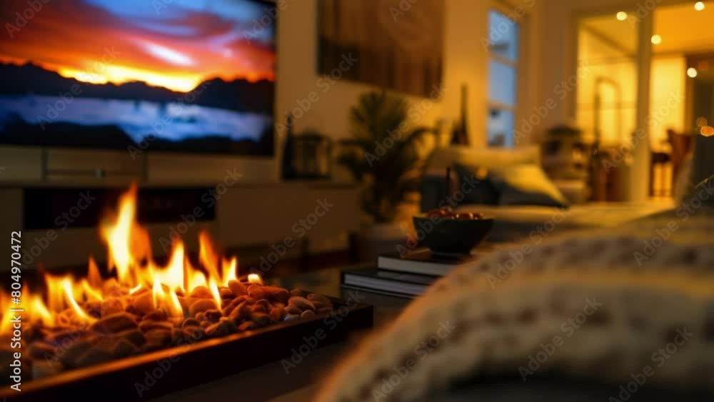 The warm glow of the fire and the captivating images on the TV create a dynamic and inviting ambiance in the room. . The warm glow of the fire and the captivating images on the TV create a dynamic and inviting ambiance in the room. .