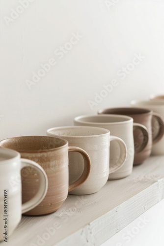 A series of minimalist ceramic or porcelain mugs with clean lines and matte finishes  arranged in a row on a solid-colored shelf  inviting relaxation and indulgence with every sip. 