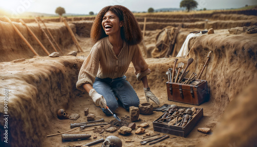 female African American archaeologist at an excavation site, showing mixture of excitement and focus photo