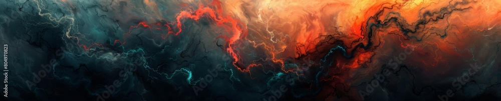Fiery Abstract Landscape - Vivid Red, Orange, and Blue Textured Horizontal Background Art