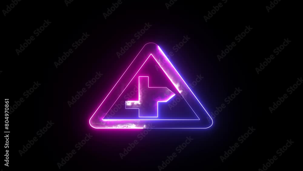 Illuminated road caution symbol. Neon European road traffic has animated signs. Illuminated road caution symbol. Neon European road traffic has animated signs.