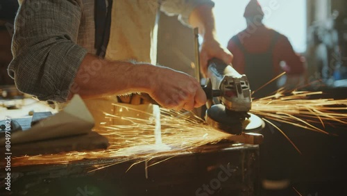 Hands of professional blacksmith in apron shaping metal detail with angle grinder tool producing sparks during metalwork. Close-up view photo