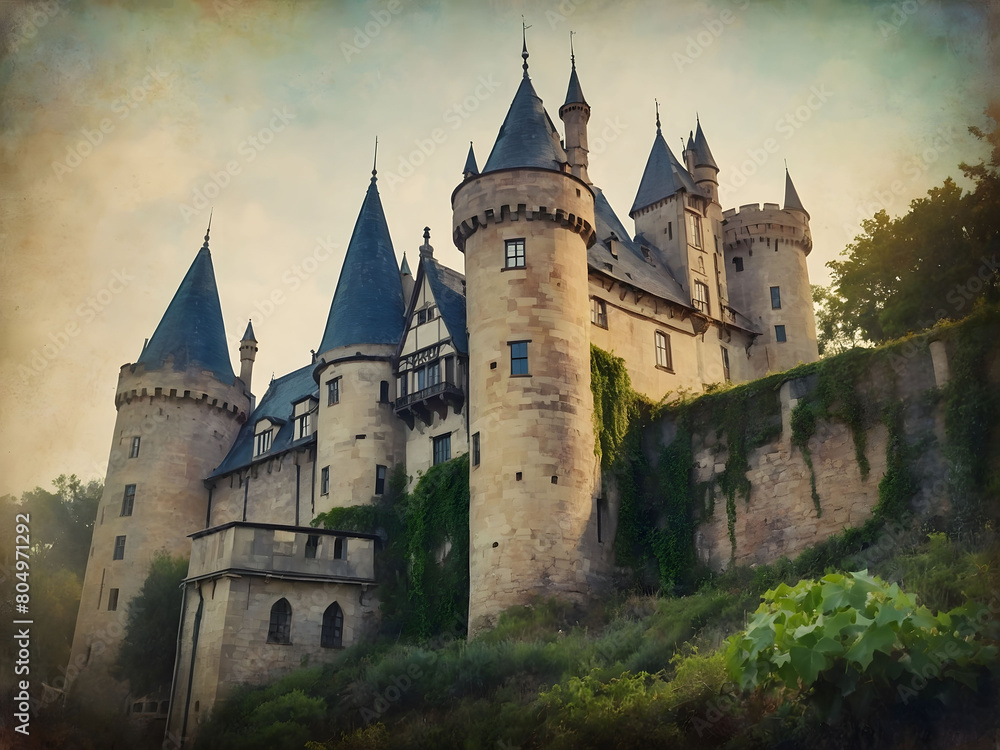 artwork portraying the enchantment of a fairytale castle, with turrets reaching towards the sky and ivy-covered walls steeped in history, rendered in a vintage style. artwork portraying the enchantment of a fairytale castle, with turrets reaching towards the sky and ivy-covered walls steeped in history, rendered in a vintage style.