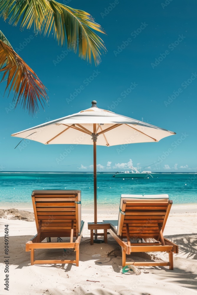Two wooden deck chairs are under the parasol. Sunny summer day on the beach.