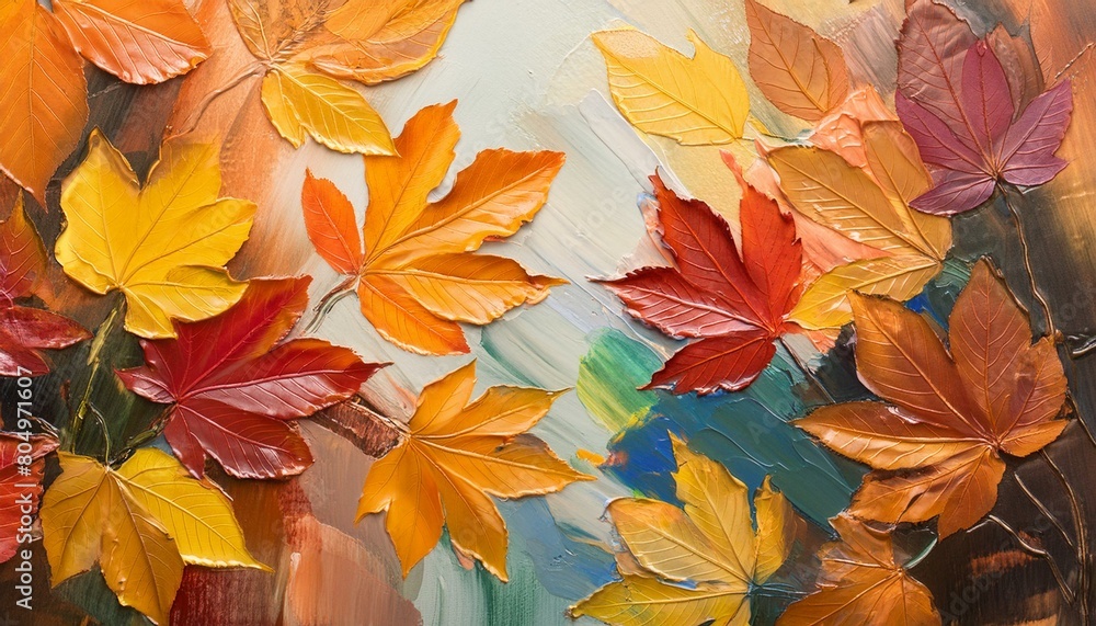 Vibrant abstract autumn leaves art painting texture with oil brushstroke on canvas