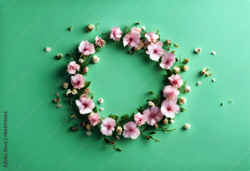 'Copy frame wreath Minimalist circle neatly Floral delicate arranged mallow dried space love background concept design light Flat lay appreciation blooms Natural green made Flower Design Summer'