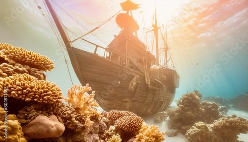A fantastical underwater kingdom teeming with vibrant coral reefs, majestic sea creatures, and an ancient sunken shipwreck guarded by a mermaid princess. photo