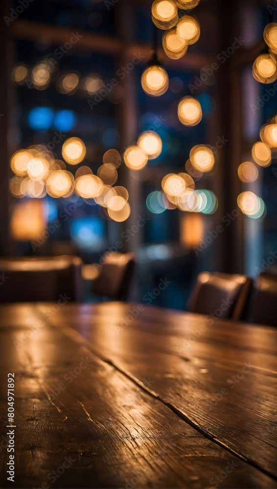 Atmospheric Dining Scene, Image of Wooden Table with Abstract Blurred Restaurant Lights in Background.