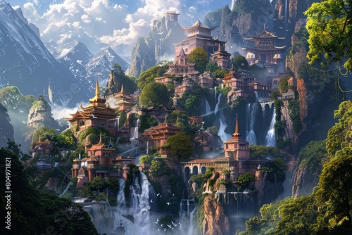 village by towering mountains cascading waterfalls