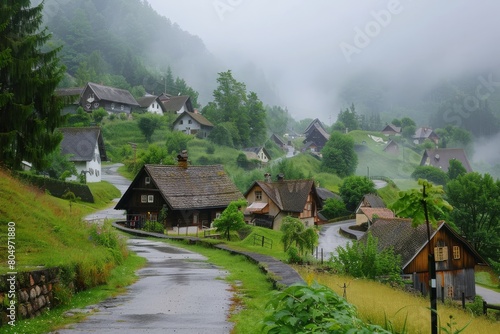 village in a valley with quaint cottages photo