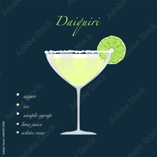 Daiquiri cocktail isolated on a lemon background. Retro party  Vector illustration  fresh drink menu.