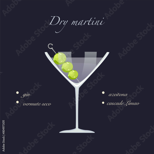 Dry martini cocktail isolated on a lemon background. Retro party, Vector illustration, fresh drink menu.