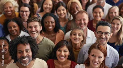 From directly above multi ethnic large group of people looking at camera