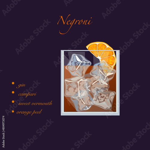Negroni cocktail on the beige background. Vector illustration of trendy alcohol drink. Summer cocktail aperitif with oranges and ice cubes
