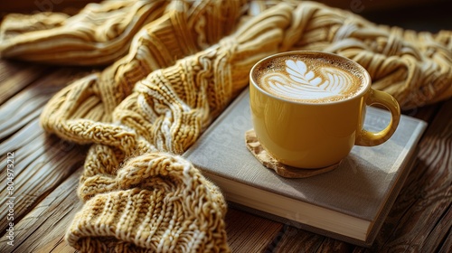 A cozy, inviting flat lay of a latte with artful foam, accompanied by a small stack of books and a knit blanket on a wooden table